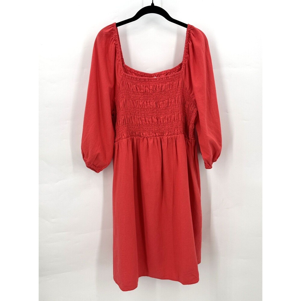 Isabel Maternity Dress XL Coral Orange Linen Smocked Puff Sleeve Cottagecore
